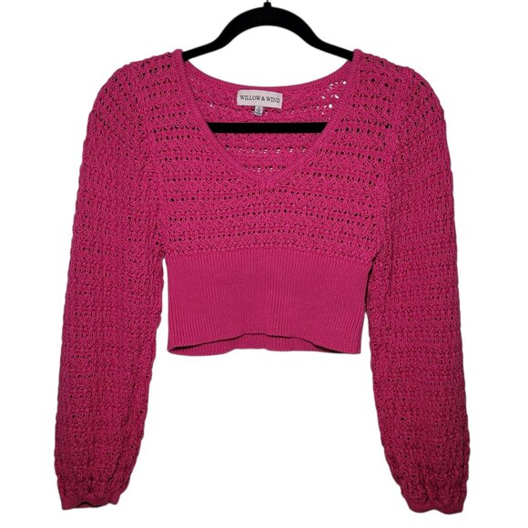 Willow & Wind Sweaters - Willow & Wind Knit Cropped V-Neck Sweater Fuchsia Crochet Small Boho